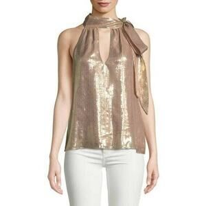 Ramy Brook Sasha Metallic Tie Neck Halter Sleeveless Top Blouse Rose Gold Medium